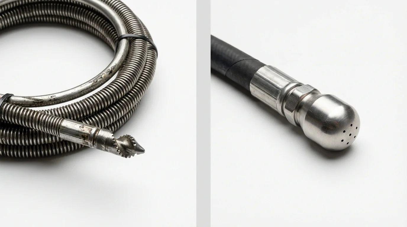 Drain snake cable and hydro jetting nozzle used for drain cleaning in Bayside, CA