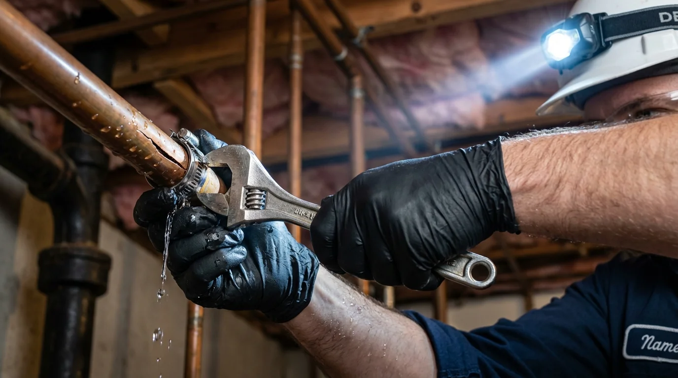 Emergency pipe clamp repair being performed by a Johns Plumbing LLC plumber in Bayside