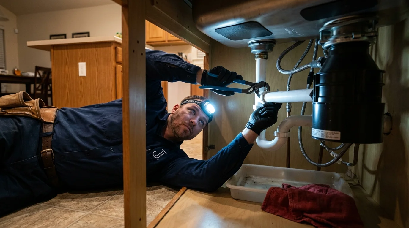 P-trap and supply line connections under a kitchen sink showing a common leak point in Bayside, CA